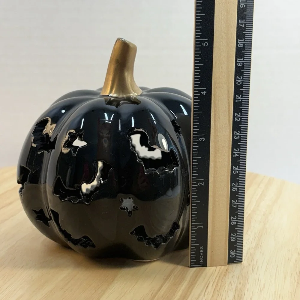 Ceramic Pumpkin Light Bat & Star Cutouts Black/Gold Battery Powered Indoor 5in